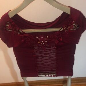 Body Central Burgundy Lace-Up Embellished Crop Top